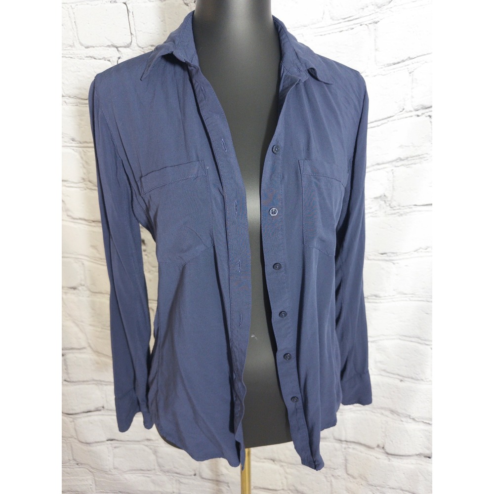 Cosmic Blue Love Button Down Blouse Women Small Navy Blue Roll Tab Rayon